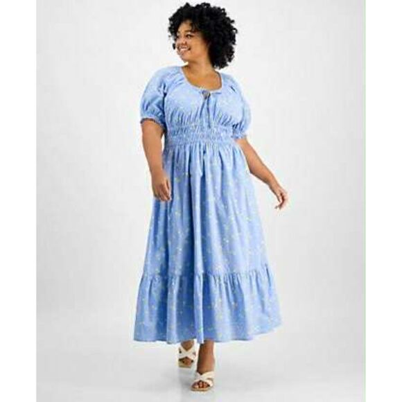 And Now This | Blue/Yellow Floral Smocked Tiered Maxi Dress | 3X - Picture 1 of 5